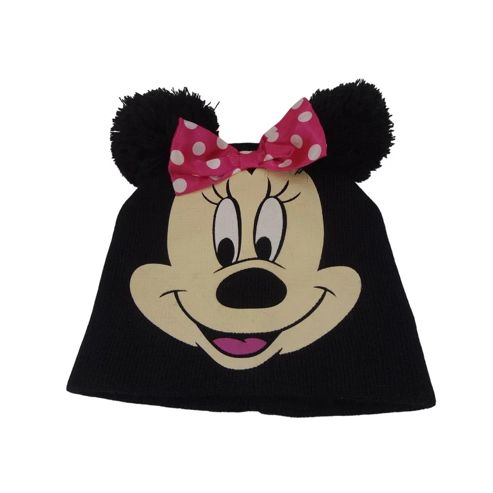 Disney Minnie Mouse Beanie Girls One Size Black Excellent Pom Pom Bow Hat
